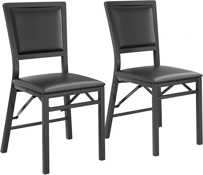 VECELO Folding Chairs Set of 2 with Cushion, Foldable Padded Seats with Heavy Duty Metal Frame for Kitchen/Dining/Living Room, No Assembly & Space Saving Design, Black