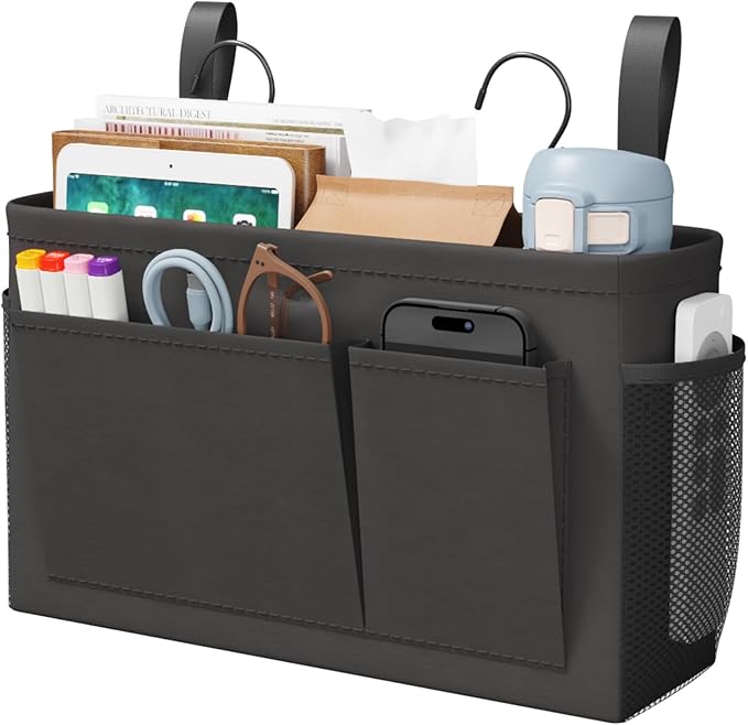Lifewit Bedside Caddy Storage Organizer, Hanging Storage Bag with Fixed Straps, Book Remotes Holder for Home, College, Dorm, Bunk, Hospital, Crib Bed Rails, Black