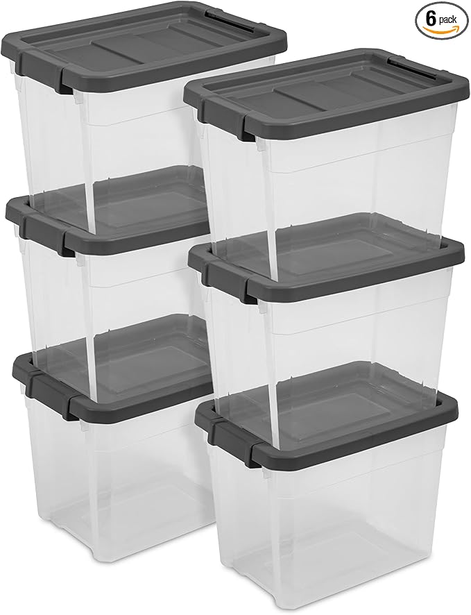 Sterilite 6-Pack Modular Stacker Box, Durable Clear Plastic Storage Bins with Latching Lids, 30 Quart - Stackable Organizing Container Boxes for Closet, Bathroom, and Office