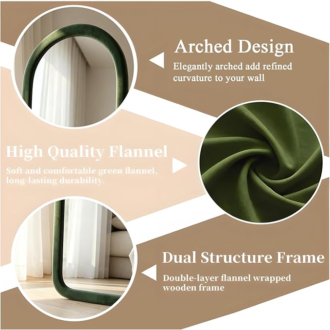 Full Length Mirror 56"x20" Arch Floor Mirror with Stand Arched Full Body Mirror Standing Hanging or Leaning Against Wall for Bedroom Flannel Wrapped Wooden Frame, Green
