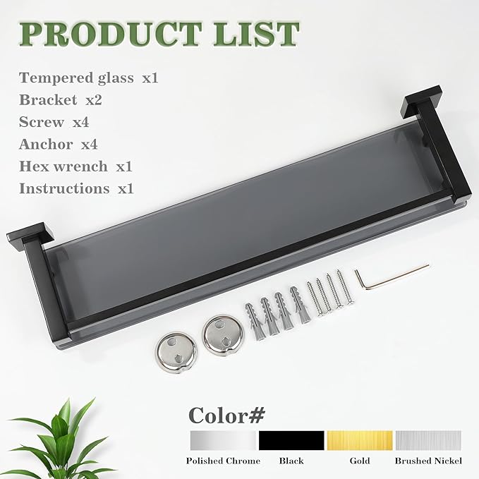 Alise Glass Bathroom Shelves Wall Mounted, 24 Inch Matte Black Tempered Floating Shelves Bathroom, Stainless Steel Bathroom Glass Shelf