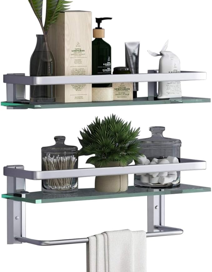 VOLPONE Glass Bathroom Shelf 15.7in Bathroom Shelf Wall Mounted Floating Glass Shelves with Towel Holder Glass Shelf for Bathroom 2 Tier (Sliver)