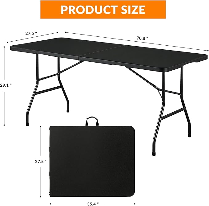 Lakhow Folding Table 6ft Heavy Duty Portable Plastic Fold-in-Half 6 Foot Foldable Table Indoor Outdoor with Parties, Camping Picnic,Folds in Half for Easy Storage, No Assembly Required, Black