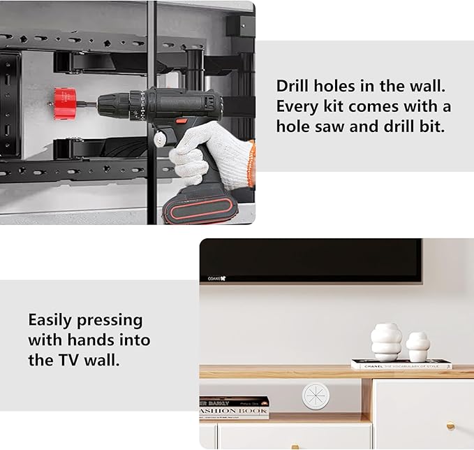 6 Pack Cord Hider for Wall Mounted TV, 2-3/8"(60mm Hole) Cord Hider for TV Wall, Wall Cable Management Kit, Includes 6 Black Pass Throughs, 1 Hole Saw Drill Attachment & 10 Cable Ties for Easy Install