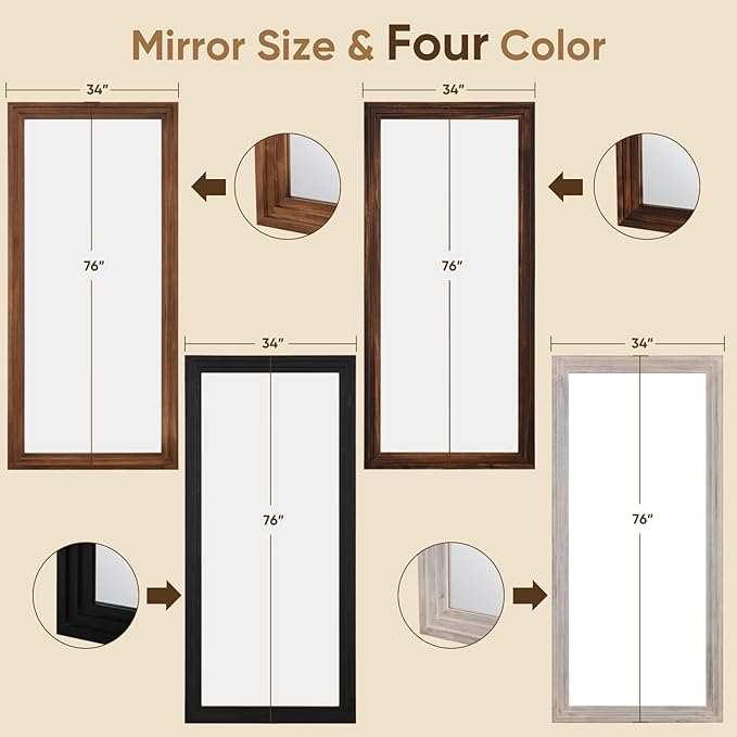 Full Length Mirror, 76"x34" Wooden Mirror Full Length with Stand Wood Floor Mirror, Oversized Stand Up Mirrors Large Wall Mirrors, Wall Mounted Mirrors, Rect Wood Style, Black
