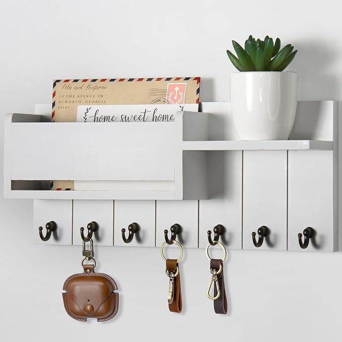 RelaxScene Key Holder Wall Mount - Decorative Key Rack and Mail Organizer with 7 Key Hooks - Wooden Key Hanger with Shelf for Living Room Decor - Rustic Farmhouse Home Entryway Aesthetic Essentials