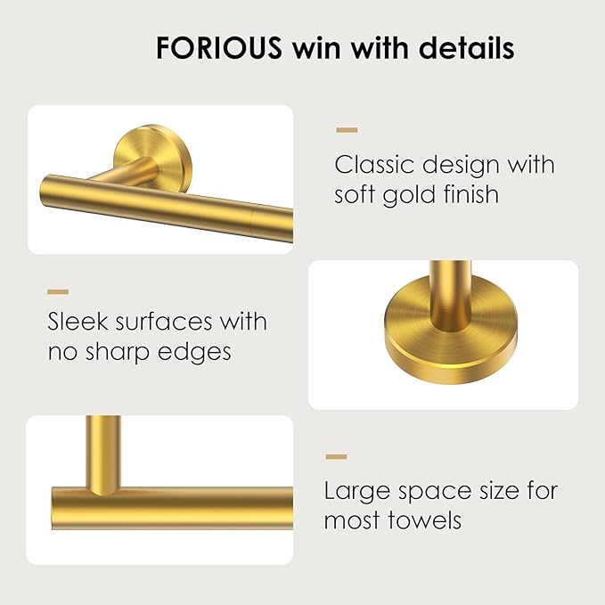 FORIOUS Towel Bar Wall Mounted, Stainless Steel Towel Racks for Bathroom, Includes Wall Mounting Hardware (Brushed Gold, 26 Inch)