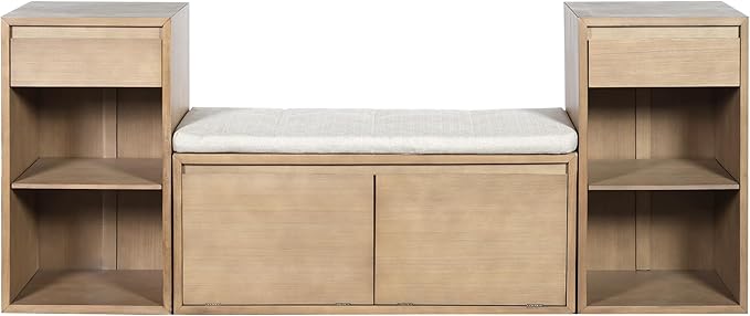 Merax All-in-One Shoe Storage Bench with Cushion & Flip Compartments, Entryway Bench with Drawers and Open Shelves, Solid Wood Storage Bench for Mudroom Hallway Living Room, Rustic Brown