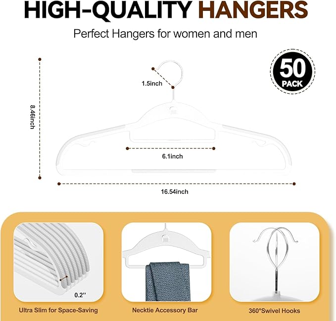 Plastic Hangers 50 Pack, Stackable Slim Space Saving Hangers with Non-Slip Pads, 360° Swivel Hook, Cascading Strip for Vertical Storage, Closet Organizer for Shirt, Suit, Skirt, Coat - White