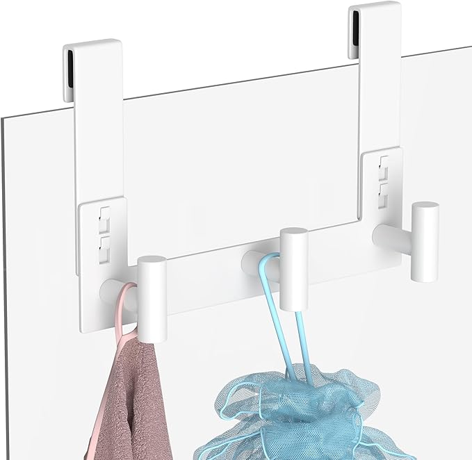 PMMASTO No-Drill Extra Long Shower Hooks, Fits 3/8" Thick Door, Heavy Duty Stainless Steel Towel Hooks for Frameless Glass Shower Door, Holds Bathrobe Towel (White, 3 T-Hooks)
