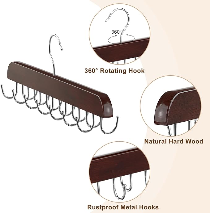 Belt Hanger for Closet Max 42 Belts, Sturdy Wood Belt Rack Closet Accessories with 14 Hooks Belt Organizer for Closet Organizers and Storage -Black 1 Pack
