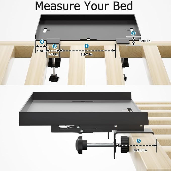 Foldable Bedside Shelf, Metal Clip-On Bed Tray Table for Bunk Bed & Dorm Beds, Dorm Room Essentials Organizer for College Students, Floating Tray, Space Saving Nightstand for Loft Beds (Black, Large)