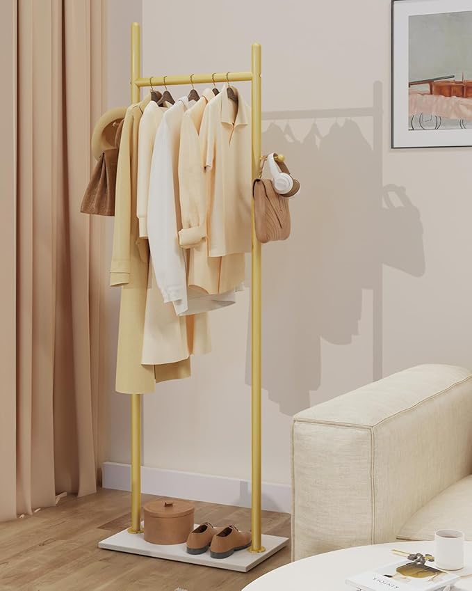 Large Metal Coat Rack Freestanding, Modern Coat Hanger Stand with 2 Hooks and Heavy Rock Slab Base, Industrial Clothes Rack, Garment Rack, 19.7 x 11.8 x 68.9 In, Golden Yellow, GYJ202MWJ