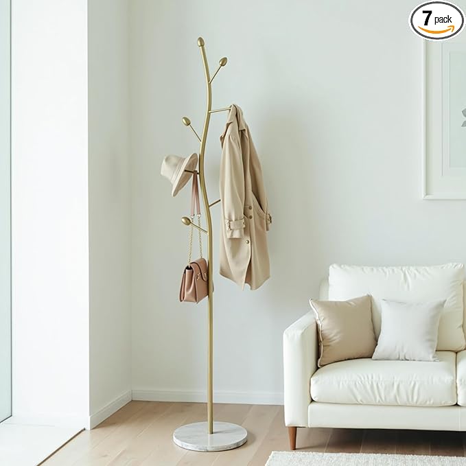 sawsile Gold Coat Rack Freestanding,Coat Hanger Stand with Natural Marble Base,Modern Sturdy Metal Clothes Rack Standing Hall Tree Hanger for Hats,Scarf, Bag, Jacket