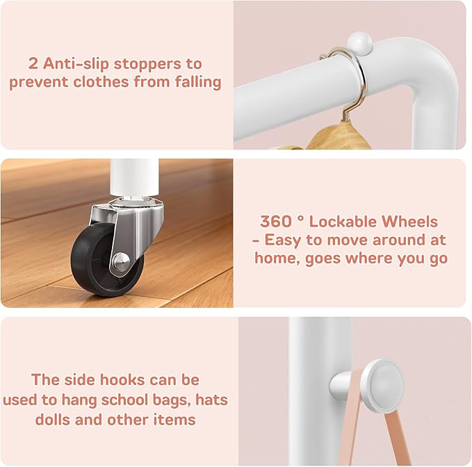 Kids Clothing Rack with Storage Shelf & Wheels, Kids Dress Up Rack Storage for Coats, Small Baby Garment Rack for Hanging Clothes, Toddler Wardrobe Closet Organizer for Kids (Classic, White)