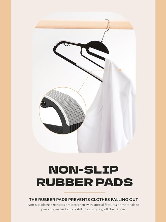 HOUSE DAY Black Plastic Hangers 50 Pack, Slim Space Saving, Non Slip Hangers with Rubber Pads, Sturdy Coat Hanger for Closet, S-Shaped Clothes Hanger for Shirt, Suit, Pant, Skirt