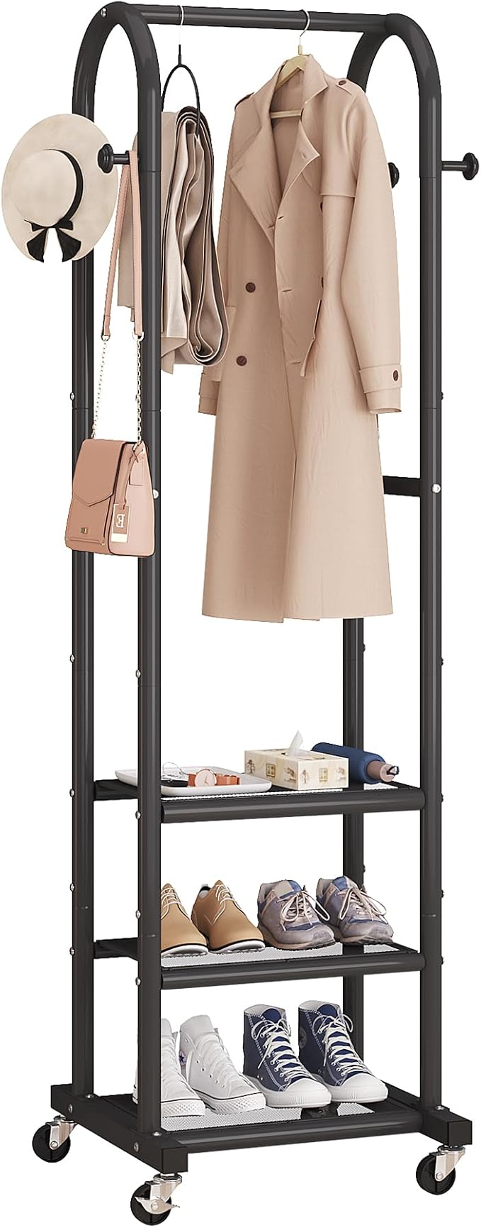 Dttwacoyh Narrow Hall Tree for Small Space, Small Coat Rack with Shoe Shelves, Tall Free Standing Metal Garment Rack on Wheels and Hanging Hooks for Entryway, Mud Room, Laundry Room – Black