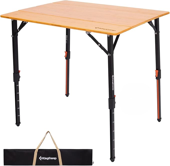 KingCamp Bamboo Folding Table, 4-Fold Camping Adjustable Height Portable Outdoor Lightweight & Compact Table with Aluminum Frame for RV Picnic BBQ Tailgating