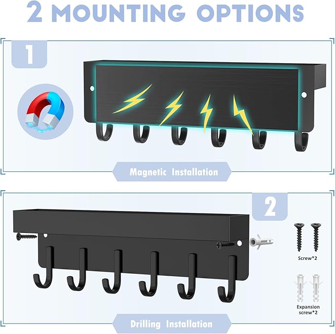 Magnetic Key Holder, Small Wall Mount Key Rack with Shelf for Fridge, 6 Metal Hooks, 9.65 Inch, 2 Installation Options, Black