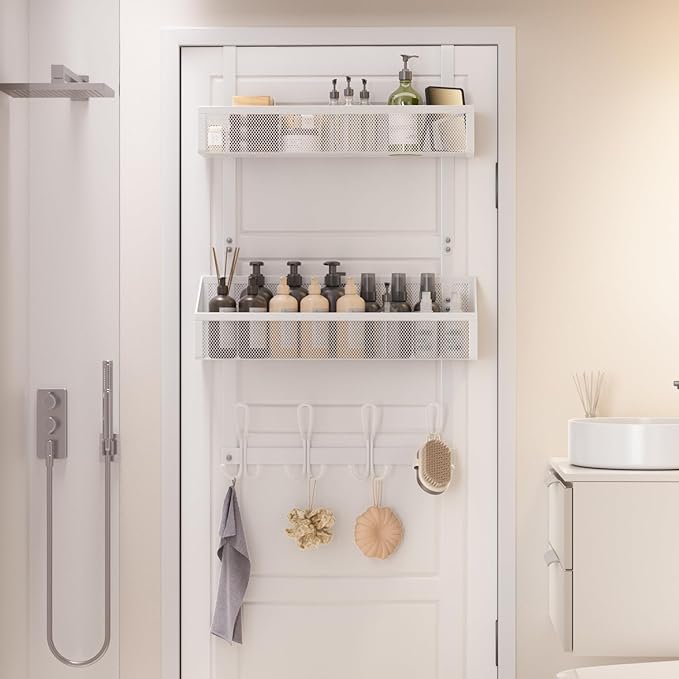 12-Hook Over Door Organizer with 2 Mesh Baskets Space-Saving 2-Tier Hanging Rack for Towels, Coats & Pantry Items, Heavy Duty Metal Storage for Bathroom, Kitchen & Bedroom, White