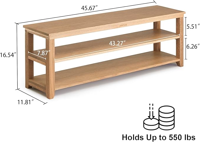 Shoe Rack Storage Bench, 2-Tier Solid Wood Heavy Duty Shoe Organizer Shelf for Entryway, Hallway, Mudroom, Living Room,Bedroom (Natural, 11.81"x 45.7"x 16.54")