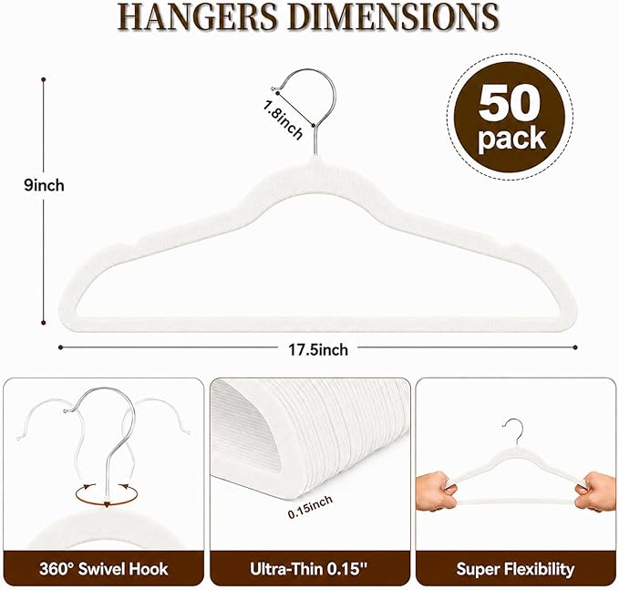 Velvet Hangers 50 Pack, Non Slip Clothes Hangers with Shoulder Notches, Slim Felt Hanger with 360° Swivel Hook, Space-Saving, for Coat, Shirt, Pants, Dress, Suits, White