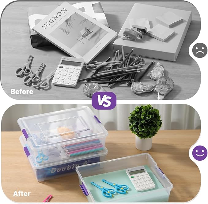 Plastic Storage Containers Clear Craft Storage Bins with Grey Handle,Organizer Box with Durable Lids Stackable Containers for Organizing Craft and Tools (4 Pack-10 Quart Purple)