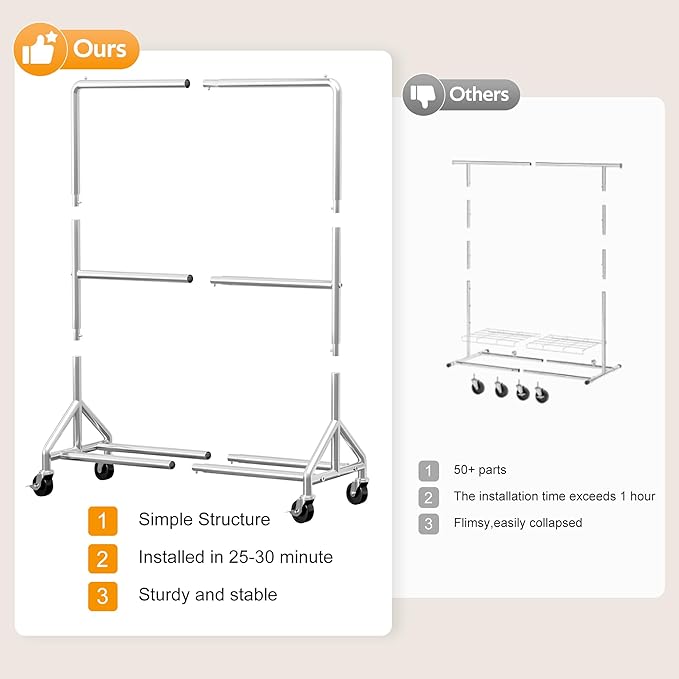 AOODA 50'' W Heavy Duty Clothes Rack for Hanging Clothes, Double Rods Industrial Clothing Rack with Wheels, Sturdy Rolling Garment Rack for Shirts, Coats, Jackets (Silver)