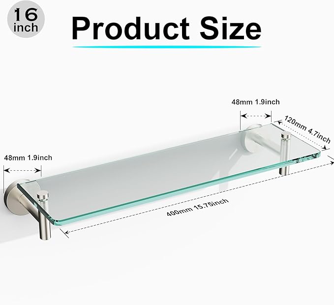 Glass Shelves for Bathroom,16-Inch Brushed Nickel Floating Bathroom Shelf Stainless Steel Tempered Glass Shelf Modern Shelves wall Mounted
