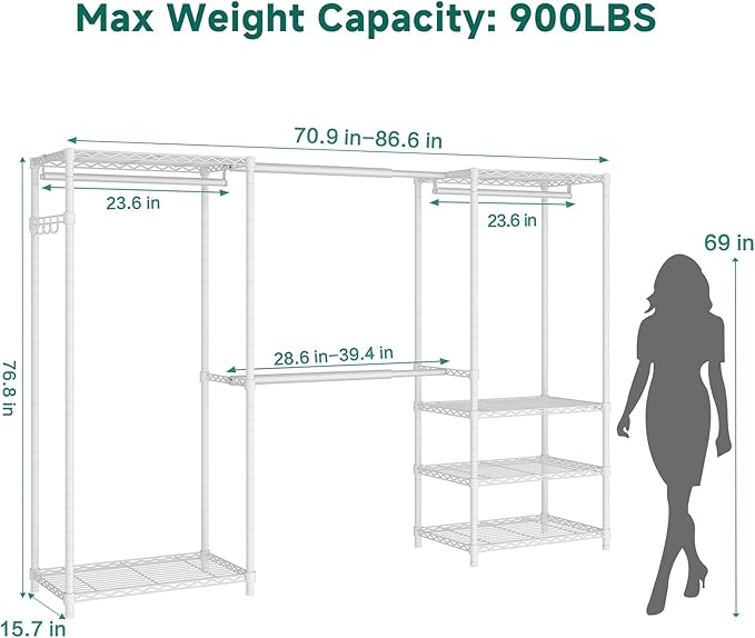 Heavy Duty Garment Rack, Portable Expandable Freestanding 4 Tiers Adjustable Wire Shelves Clothes Rack with 2 Retractable Poles, 70.9-86.6" L x 15.7" W x 76.8" H, Max Load 900LBS, White