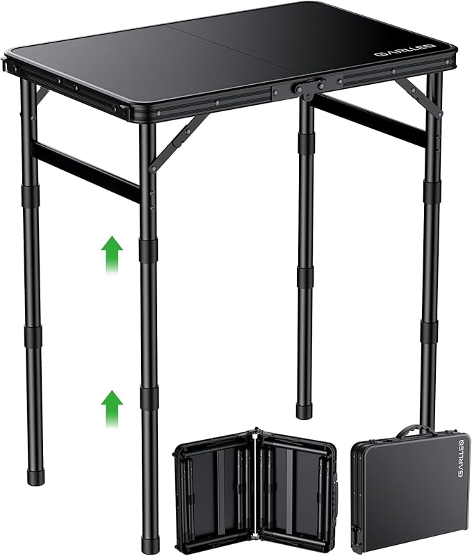 GARLLEN Folding Camping Table with Waterproof Plastic Tabletop, Portable Folding Picnic Table with 3-Adjustable Height, Aluminum Frame Outdoor Table for BBQ, Camping, Indoor Use, 22.8" L x 15.7" W