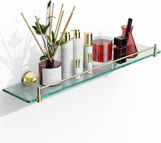 24 Inch Glass Bathroom Shelves,Brushed Gold Floating Shelves for Wall Rectangular Modern Stainless Steel Glass Shelf for Bathroom Shelves Wall Mounted
