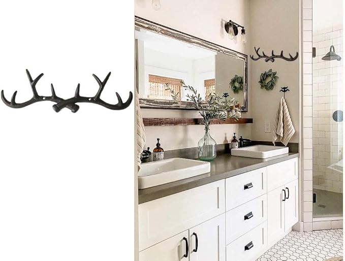 Vintage Cast Iron Deer Antlers Wall Coat Hooks- Farmhouse Chic Metal Hanger Coat Rack Key Holder Jewellery Display Rack Bathroom Towels Rack Hooks(with Screws)