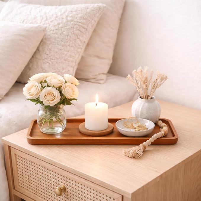 Handcrafted Acacia Wood Decorative & Organizer Tray – Elegant Home Storage for Candles, Jewelry, Keys, and Small Items, Stylish Wooden Accent for Living Room, Bedroom, or Bathroom-11.4*4.1*0.59 inches
