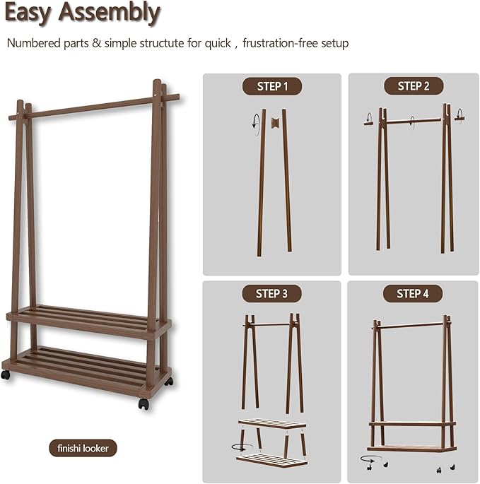 Solid Wood Clothing Rack Freestanding with Wheels, 3-in-1 Coat Rack with 2 Shelves & Hooks Load 500 Lbs, Heavy Duty Garment Rack for Hanging Clothes & Organizer for Entryway Bedroom Living Room 23.6"W