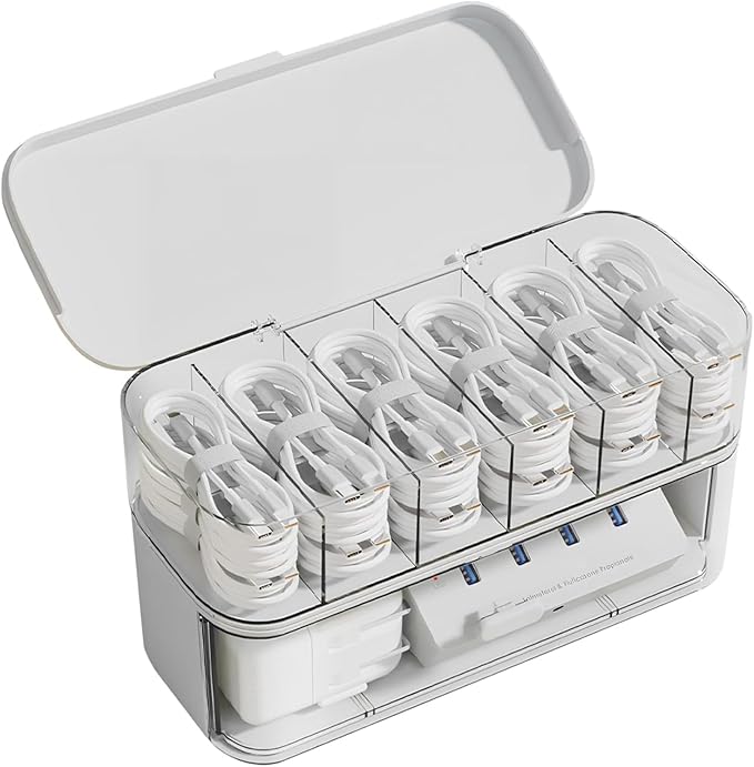 6-Compartment Cable Organizer Box with Lid & Drawer, Clear Plastic Storage Case for Power Cords, Chargers, Electronics, Makeup, and Jewelry – White Wire Management Container