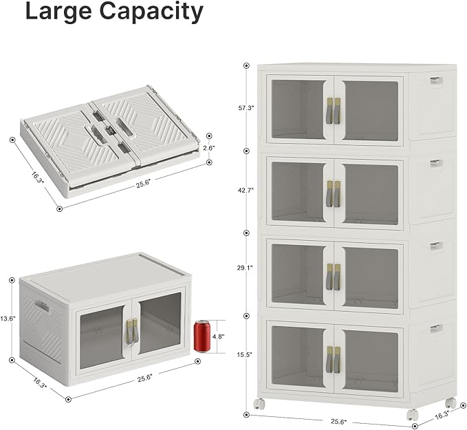 UAMFURI Stackable Storage Bins with Lids, Clear Doors, Large Storage Cabinet Foldable Collapsible Closet Organizers for Bedroom Dorm Office (4, White, 120, Quarts)