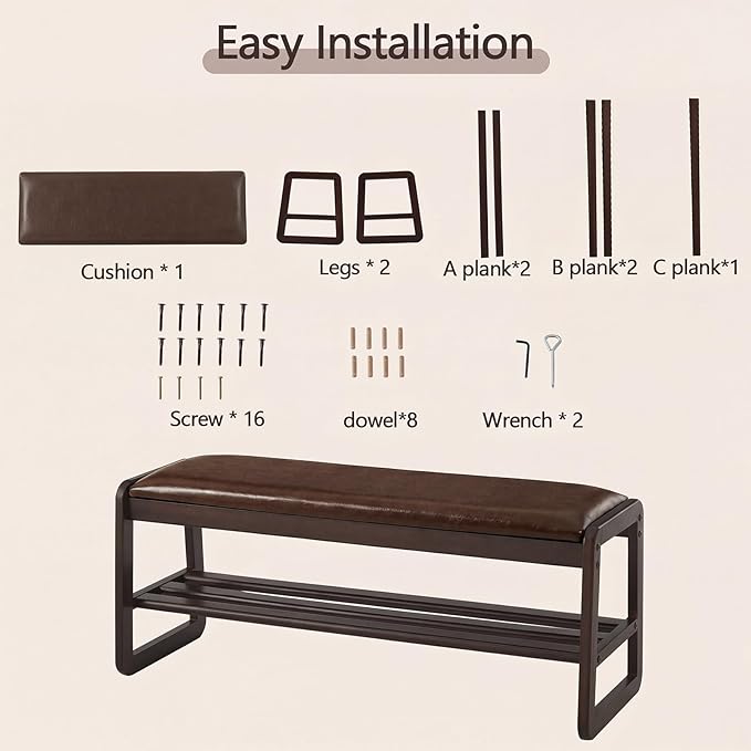 Achicsofar Shoe Rack Bench,2 Tier Solid Wooden Entryway Bench with Shoe Storage, Shoe Rack with Cushion for Living Room, Hallway(Brown, 39.4")