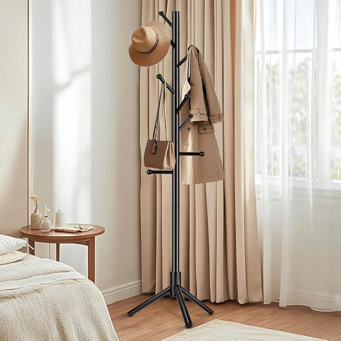 Wooden Coat Rack Freestanding, Adjustable Height Solid Wood Clothes Stand with 8 Ball-End Hooks, Stable Tripod Base, 5.7FT Floor Coat Tree for Entryway Bedroom Office, Black