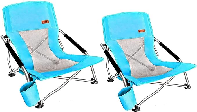 Nice C Low Beach Chair, Beach Chairs for Adults 2 Pack, Sling, Folding, Portable, Concert, Kids, Boat, River, Sand Chair, Sillas De Playa, with Cup Holder & Carry Bag (2 Pack of Blue)