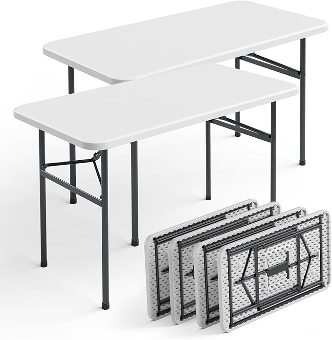 4ft Folding Table with Foldable Steel Legs, Heavy Duty Plastic Foldable Table, Metal Frame, Support up to 400 lb, Portable for Banquet, Craft, Party, Indoor & Outdoor Use, White, 4 Pack