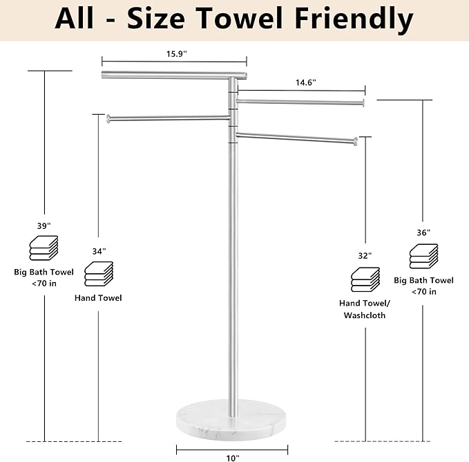 Standing Towel Rack, Stainless Steel Towel Racks for Bathroom with Weighted Marble Base, 4 Swivel Towel Arms Freestanding Outdoor Towel Holder Stand for Pool, Brushed Nickel