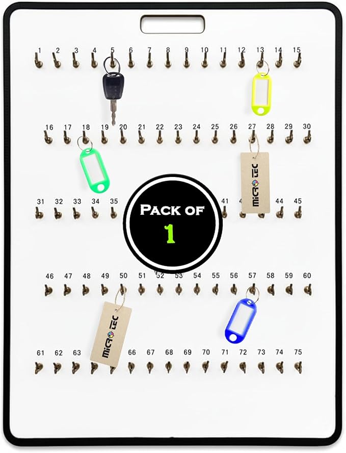 MICRO TEC Masonite Key Holder Wall Mount with 75 Spring Lock Hooks, 24" x 31-3/4" Large Commercial Key Organizer Board for Dealership, Garage, Office, Fleet & Automotive Key Storage - Pack of 1