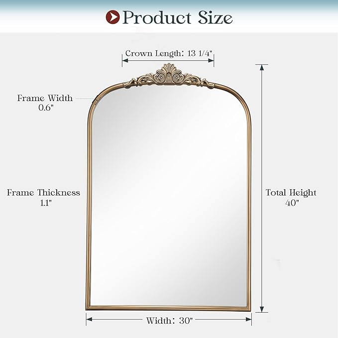 30" x 40" Antique Gold Arched Mirror for Wall, Vintage Brass Bathroom Tempered Mirror with Metal Frame, Bronze Ornate Gold Vanity Mirror for Entryway, Mantel, Powder Room