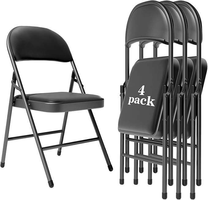 Folding Chairs 4 Pack, Leather Padded Folding Chairs, Sturdy Metal Foldable Chairs, Easy to Use and Store, Outdoor and Indoor, for Home, Office, Party, Card, Black