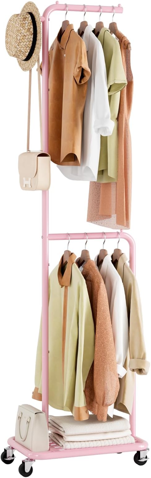 Small Clothes Rack with Wheels, 71" Portable Rolling Clothing Rack with Bottom Metal Shelf, Garment Rack with Hanging Rod, Sturdy Freestanding Coat Rack for Bedroom, Entryway, Pink