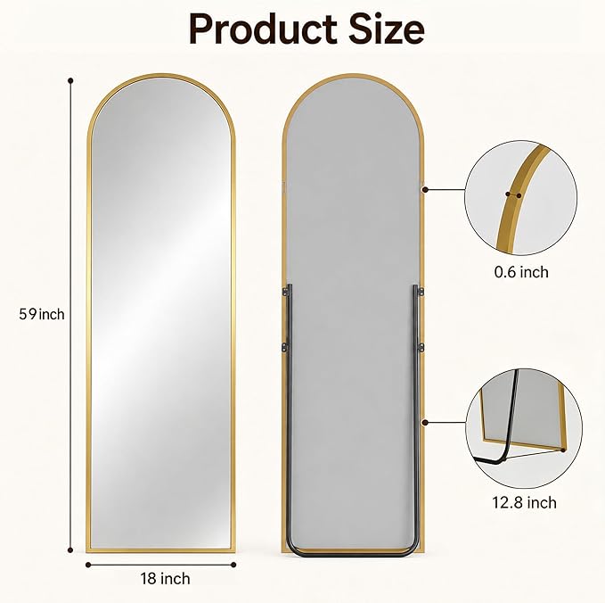 Antok Full Length Mirror, 59"x18.1" Floor Mirror with Stand, Hanging Mounted Mirrors for Bedroom, Living Room, Cloakroom, Dining Room, Gold, Arched