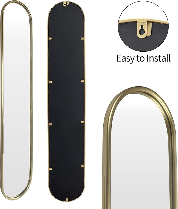 OUSHUAI Gold Full Length Oval Mirror,Narrow Capsule Long Mirrors with Metal Frame for Entryway,Hallway,Living Room 44"X8"(2pcs) …