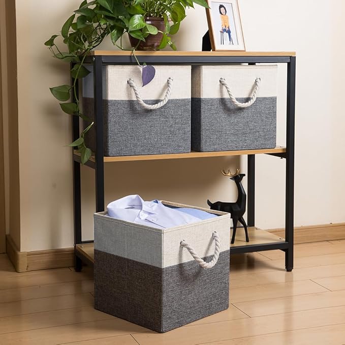 PRANDOM Large Foldable Cube Storage Bins 11x11 inch [2-Pack] Fabric Linen Storage Baskets Cubes Drawer with Cotton Handles Organizer for Shelves Nursery Closet Bedroom White and Grey