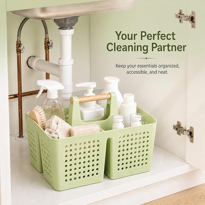 Portable Shower Caddy Basket with Wood Handle, 3-Compartment Bathroom Organizer Tote with Drain Holes, Plastic Shower Basket for Dorm, Toiletries, Cleaning Supplies,Grass Green